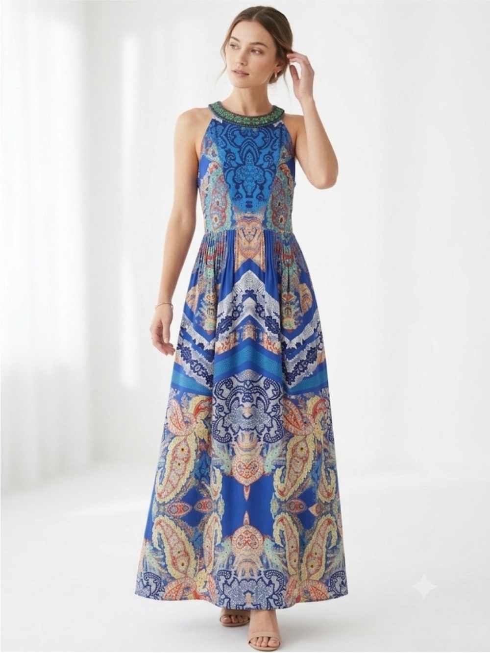 Anthropologie Ranna Gill Boteh Blue Paisley Embellished Halter
Maxi Dress Size O